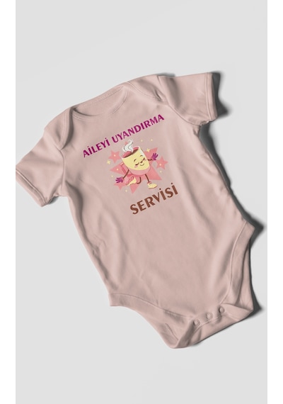 Aileyi Uyandırma Servisi Baskılı Bebek Zıbını Çıtçıtlı Body %100 Pamuk Kısa Kol Pastel Pembe