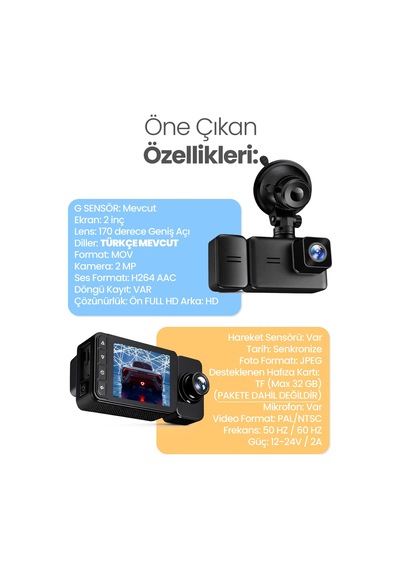 3 Kameralı Wifi Ekran Araç Kamerası Fullhd Geniş Ön + Arka + Araç İçi Kamera Hareket Sensörü Ef1313