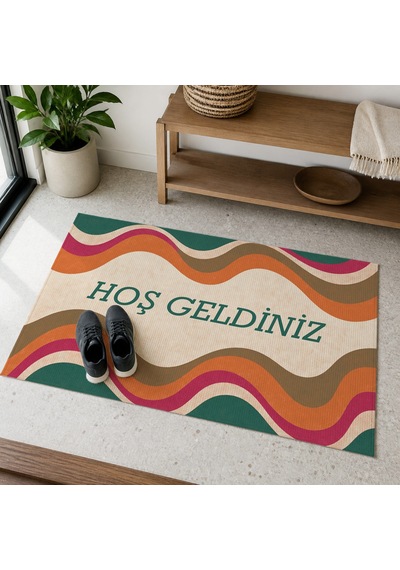 Kartela Halı Hoş Geldiniz Yazılı Retro Dalga Kapı Paspası Retro Canlı Kaymaz Kauçuk Taban 60x90 Cm