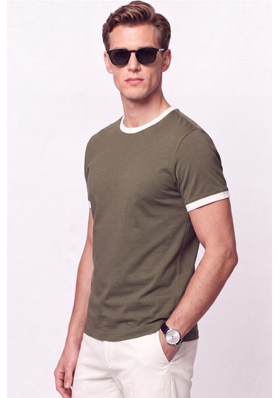 Efor Slim Fit Bisiklet Yaka Haki - Ekru Tişört Ts 932 Haki-ekru
