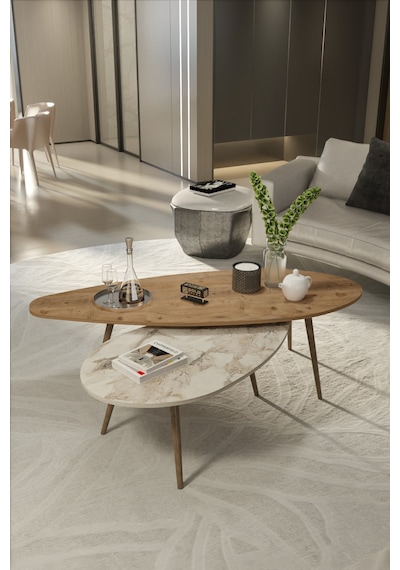 Reyo Falez Modern Orta Sehpa Seti - 2'li Ahşap Ayaklı Salon Ve Oturma Odası Sehpa Takımı Ceviz Efes