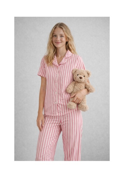 Rindahomewear Pamuklu Örme Kumaş Desenli Düğmeli Pijama Takım Pembe Çizgili