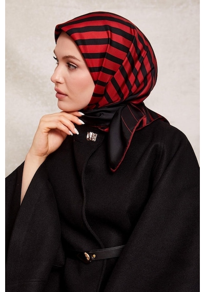 Levidor Şerit Desen Twill İpek Eşarp-0909 Kırmızı