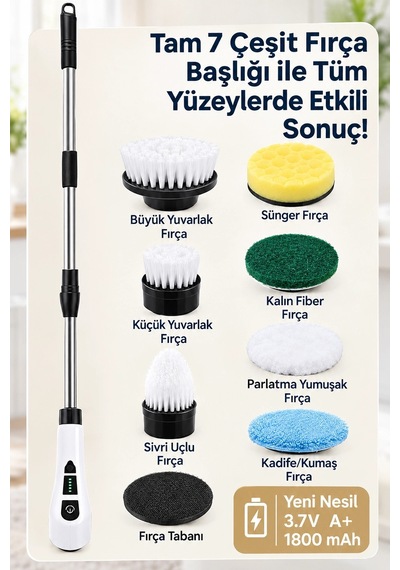 Turbo Clean Elektrikli Temizlik Fırçası 7 Başlıklı Kablosuz Şarjlı Döner Fırça Çok Renkli