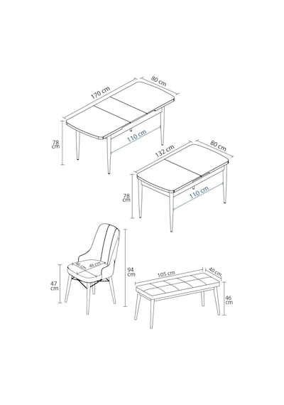 Loft Barok Desen 80x132 Açılabilir Mdf Masa Yemek Odası Takımı, Mutfak Takımı 4 Sandalye, 1 Bench Krem