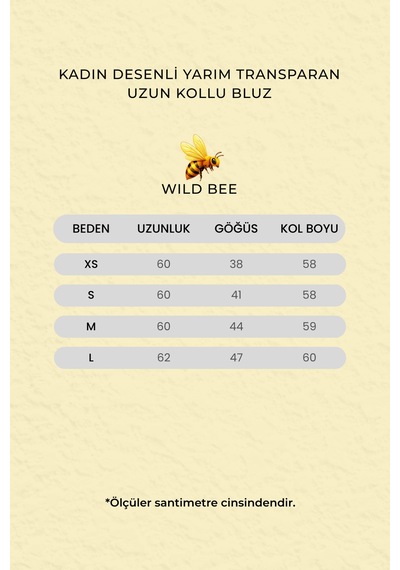Wild Bee Kadın Haki Desenli Yarım Transparan Uzun Kollu Bluz