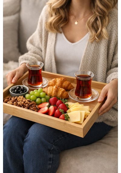 3 Lü Bambu Ahşap Sunum Ve Dekoratif Organizer Tepsi Seti