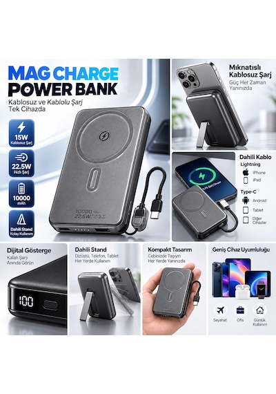 Mi 15 Uyumlu Manyetik Kablosuz Powerbank Standlı, Dijital Göstergeli Taşınabilir Hızlı Şarj Cihazı Siyah
