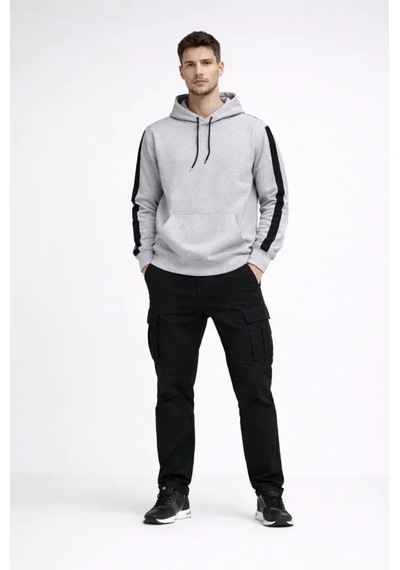 Vexor Erkek Şeritli Kapüşonlu Sweatshirt Oversize 3 Iplik Pamuklu - Beyaz