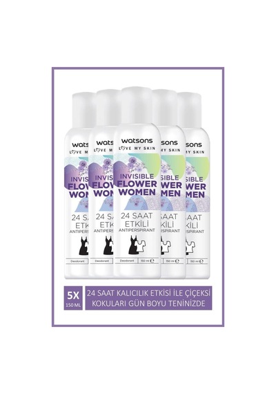 Watsons Invisible Flower 24 Saat Etkili Kadın Sprey Deodorant 5 x 150 ML