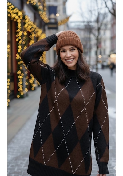 Sayzen Your Shine Kadin Baklava Argyle Desenli Kazak-elbise Sy-2517 Kahve Sayzen Your Shine Kadin Baklava Argyle Desenli Kazak-elbise Sy-2517 Kahve