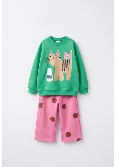 Magu Çocuk Pamuklu Kedi Baskılı Yeşil Sweatshirt Ve Puantiyeli Pembe Eşofman Takımı Çok Renkli
