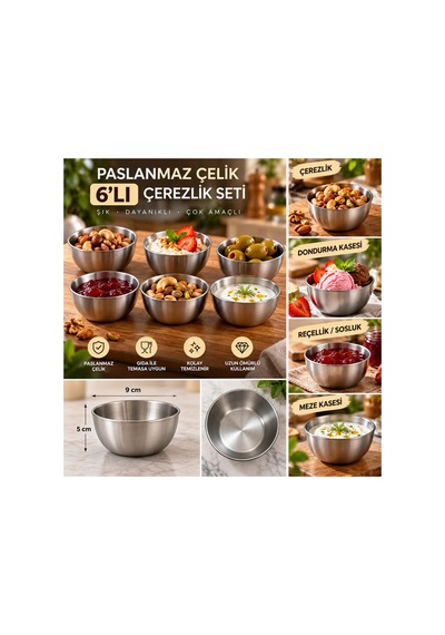 6 Lı Paslanmaz Çelik Kase Seti Çerezlik Sosluk Reçellik Zeytinlik Mezelik Gri Paslanmaz Çelik 180 Ml Gümüş