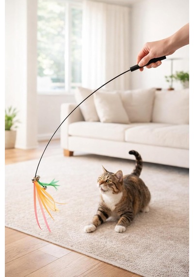Kedi Oltası Oyuncağı Tüylü Renkli İnteraktif Kedi Oyuncak Çubuğu Zilli Esnek Uzun Saplı Av Oyunu Aparatı Enerj