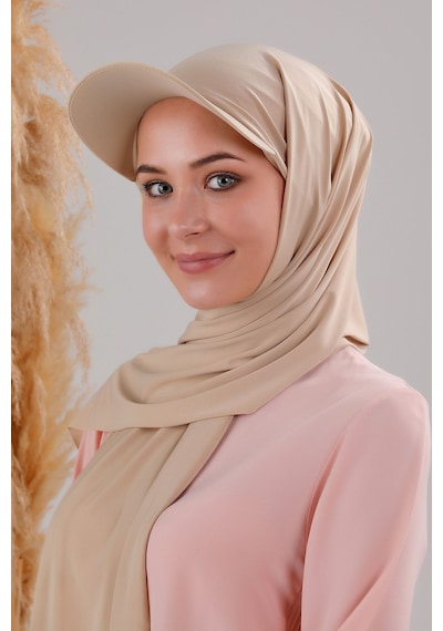 Melodi Scarf Kadın Tesettür Şapkalı Pratik Boneli Hazır Şal Krem Krem