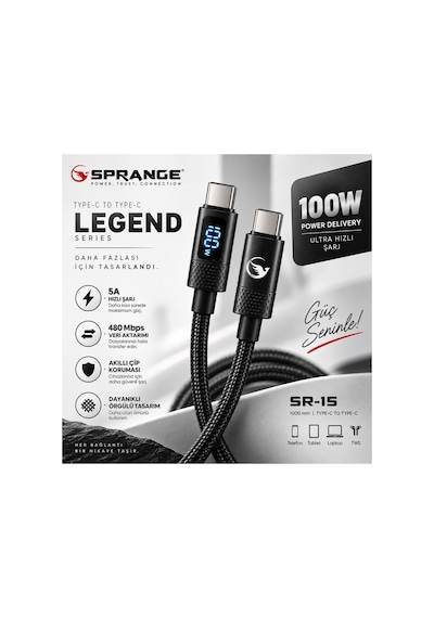 Sprange Legend Series Type-c To Type-c 100w Hızlı Şarj Ve Data Kablosu 5a / 1000mm Sr-15 Siyah