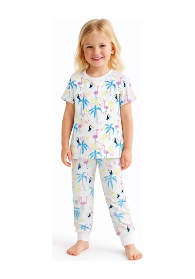 Flamingo Desenli Kısa Kol Kız Çocuk Pijama Takım Pembe