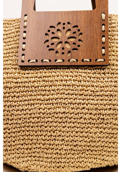 Fabric Craft Bag El Çantası Örgü Kağıt İp Ahşap Saplı Kadın Çanta 40x25 Cm Açık Kahverengi