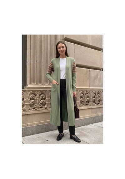 Onno Style Women Kilim Desen Uzun Triko Kadın Hırka Turkuaz