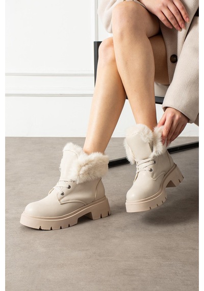 Shoetek Dars Kadın Bot Bağcıklı Yaka Kürklü Bej Deri Bej