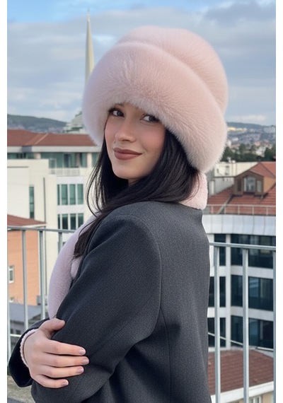Mollycrush Peluş Bucket Kalpak Atkı Eldiven 3'lü Set Kadın Kışlık Suni Kürk Pembe 3'lü Takım Pembe