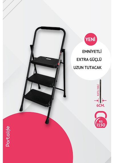 Portalife 3 Basamaklı Uzun Tutacaklı Şık Siyah Çelik Merdiven 3 Basamak