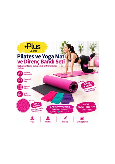 10 Mm Çift Taraflı Pilates Matı Yoga Matı Spor Minderi Ve 3'lü Direnç Bandları Hafif - Orta - Sert Pembe Pembe