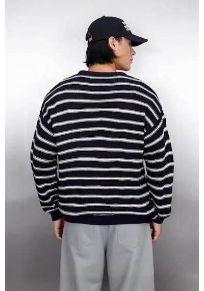 Ersefa Unisex Basic Bisiklet Yaka Çizgili Triko Kazak Modern Ve Rahat Kı Lacivert
