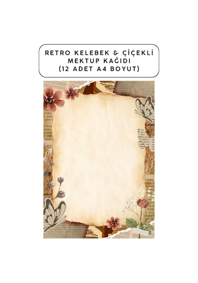 Retro Kelebek & Çiçekli Mektup Kağıdı 12 Adet A4 Boyut