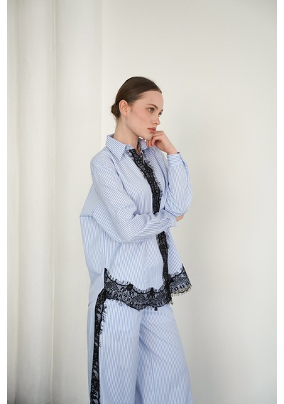 Verymoda Dantel Detaylı Çizgili Gömlek - F2082 Mavi