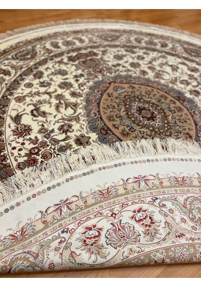 Çiçek Motifli 250 X 250 Yuvarlak İpek Halı Bej
