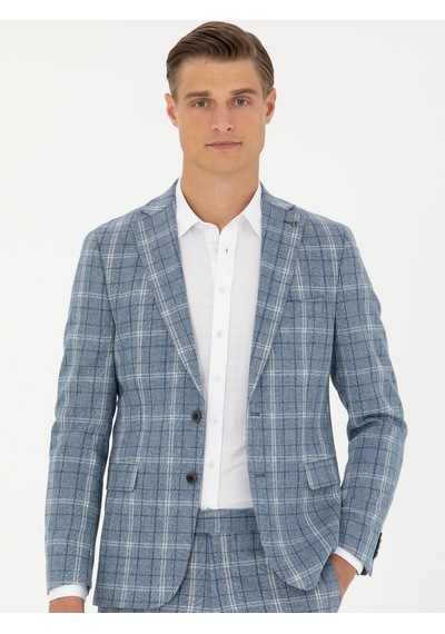 Cacharel Mavi Slim Fit Yün Karışımlı Ekose Takım Elbise