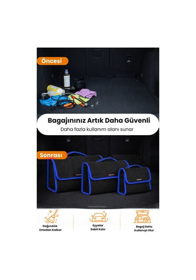 Oto Bagaj Organizer Bagaj Çantası 3'lü Kombo Boy Kaymaz Cırt Bantlı Velur Kompakt Düzenleyici - Vcx2