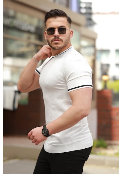 Erkek Bisiklet Yaka Çizgi Desenli Ribanalı Kısa Kollu Tshirt Beyaz
