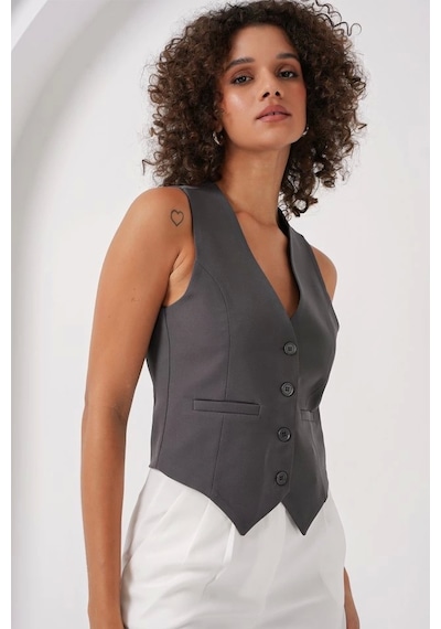 Defymoda 6796 Kısa Dokuma Yelek - Füme Füme
