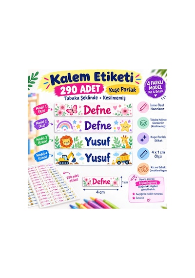 290 Adet İsme Özel Kalem Etiketi 4x1 Cm Kuşe Parlak Kız Erkek Model Okul Etiketi Kesilmemiş Kuşe Çok Renkli