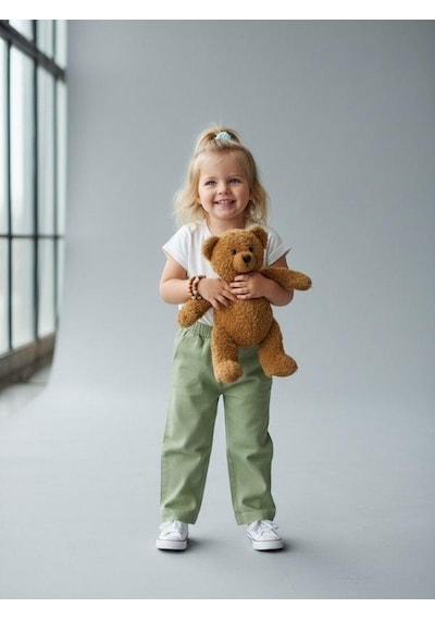 Zekids Kız Bebek Yumuşak Dokulu Beli Lastikli Pantolon-16946 Yeşil
