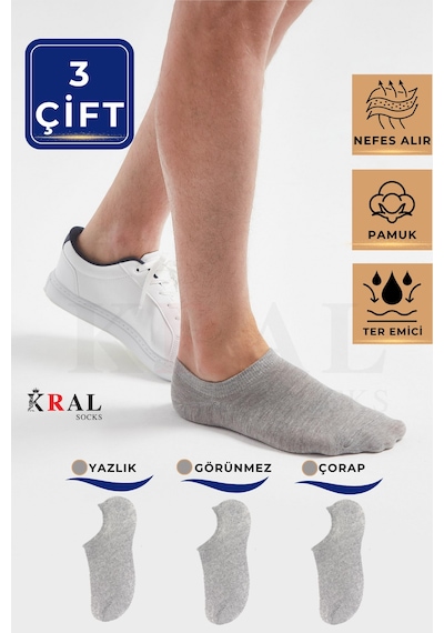 Kral Socks Unisex Düz Desen 3 Çift Pamuklu Terletmez Yazlık Görünmez Çorap Gri