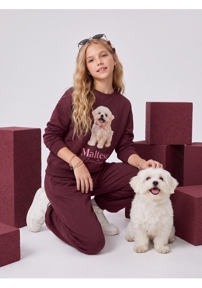 Zekids Kız Çocuk Pamuklu Köpek Baskılı Oversize Tasarım Sweatshirt-16472 Bordo