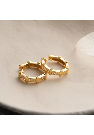 925 Ayar Gümüş Taşlı Köşeli Halka Küpe Gold