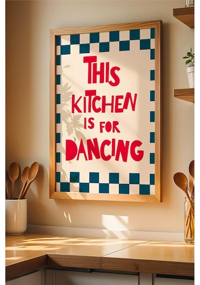 Ahşap Çerçeveli This Kitchen Is For Dancing Poster Eğlenceli Mutfak Duvar Dekoru Kırmızı 30 X 40