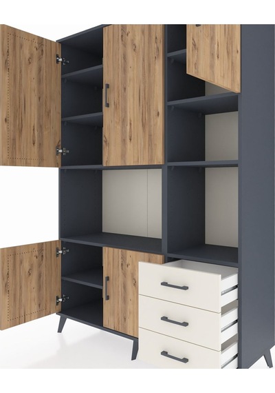 Hyperion Dolap 9 Raflı 3 Çekmeceli 5 Kapaklı 132x44x195 Antra... Antrasit