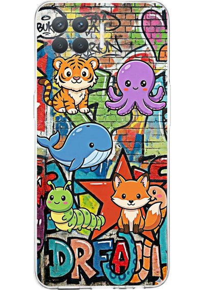 Oppo Reno 4 Lite İle Uyumlu Grafiti Mini Tasarımlı Şeffaf Silikon Kılıf Şeffaf