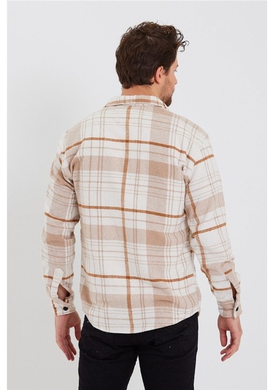 Erkek Kırık Beyaz-turuncu Çift Cep Kapaklı Slim Fit Oduncu Gömlek-odg001r9500s Kırık Beyaz-turuncu
