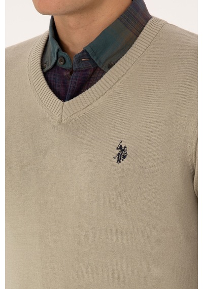 U.S. Polo Assn. Erkek Slim Fit V Yaka Haki Melanj Basic Triko Kazak 50313662-VR193