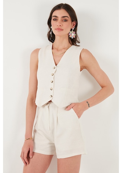 Lela Pamuk Ve Keten Karışımlı Slim Fit Yelek Şort Bayan Takım 5866118 Bej