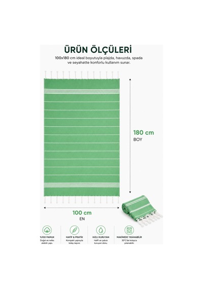 Sultan Peştemal Havlu 100 Pamuklu Deniz Plaj Banyo Peştemali 100x180 Cm Yeşil