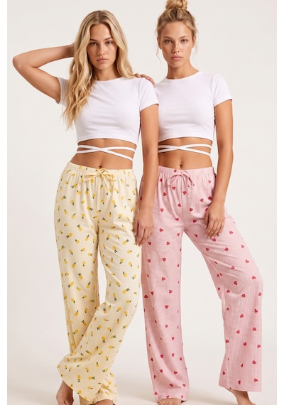 Siyah İnci 2'li Fiyonk Desenli Yumuşak Tuşe Kışlık Örme Tek Alt Pijama Altı 8074 Pembe Ekose Sarı Limon