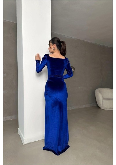 DefyModa Kadın Hediyelik Kare Yaka Taş Detaylı Uzun Kollu Abiye Elbise Saks