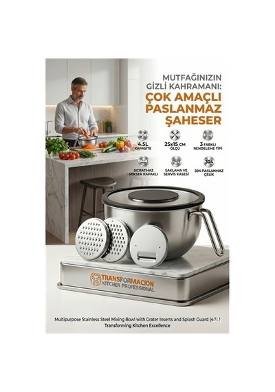 Zenvac Çok Amaçlı Rendeli Paslanmaz Çelik Karıştırma Kabı - Sıçratmaz Mikser Kapağı Ve Saklama Kasesi 4.5l 7 Renkli